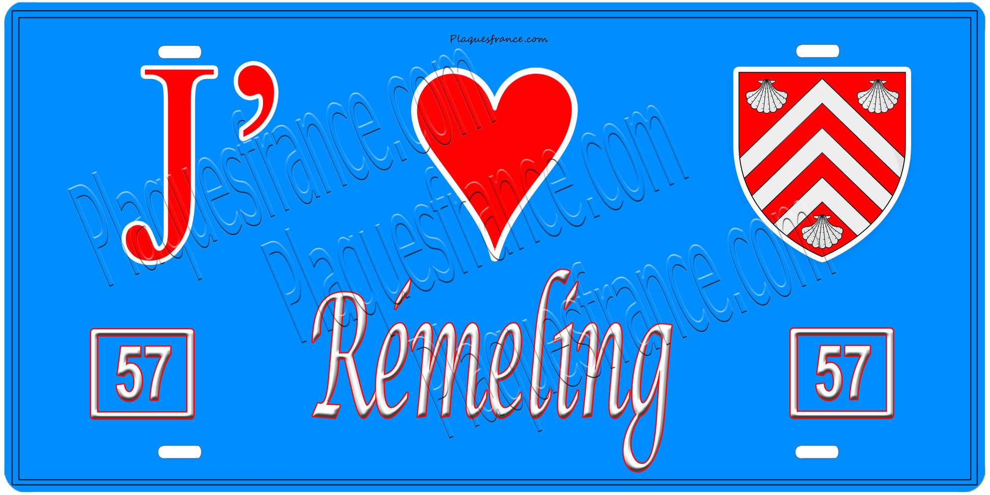 Plaque métal décorative, J'❤️ Rémeling, Moselle, fond mur bleu 57