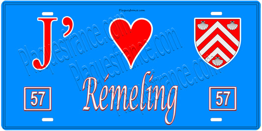 Plaque métal décorative, J'❤️ Rémeling, Moselle, fond mur bleu 57
