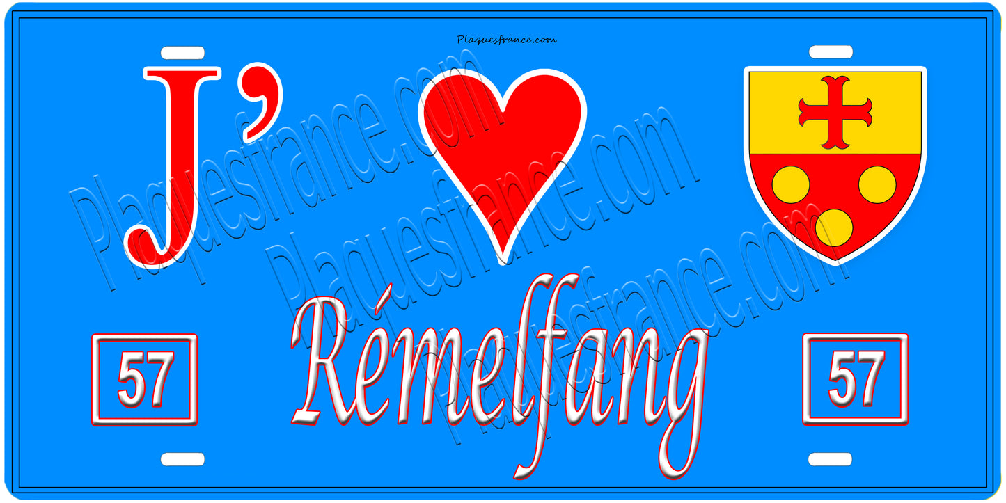 Plaque métal décorative, J'❤️ Rémelfang , Moselle, fond mur bleu 57
