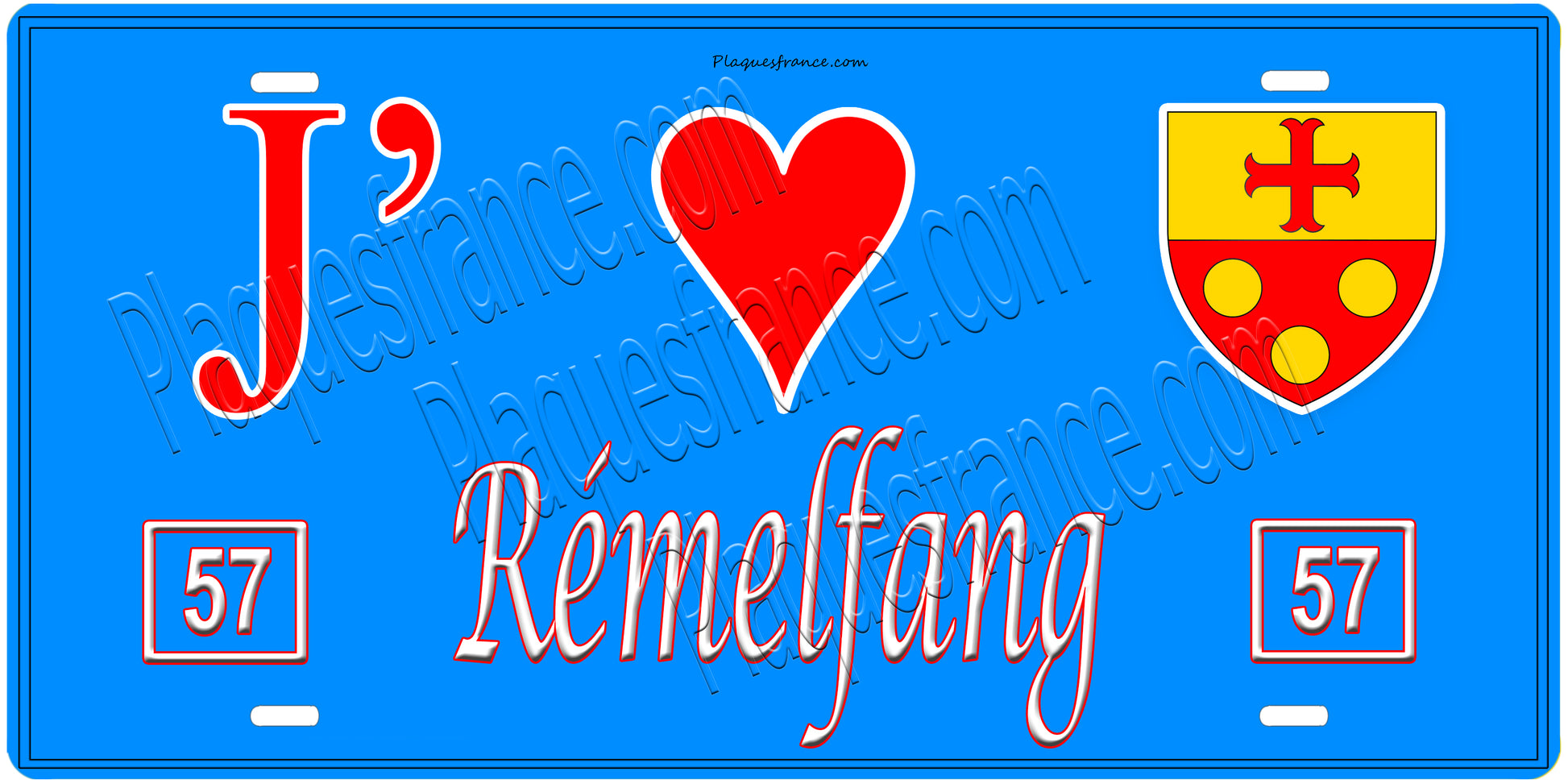Plaque métal décorative, J'❤️ Rémelfang , Moselle, fond mur bleu 57