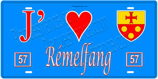 Plaque métal décorative, J'❤️ Rémelfang , Moselle, fond mur bleu 57