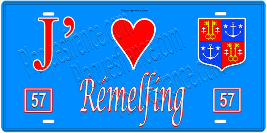 Plaque métal décorative, J'❤️Rémelfing, Moselle, fond mur bleu 57