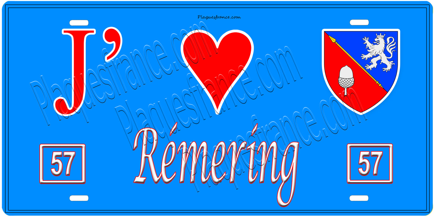 Plaque métal décorative, J'❤️ Rémering, Moselle, fond mur bleu 57