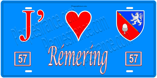 Plaque métal décorative, J'❤️ Rémering, Moselle, fond mur bleu 57