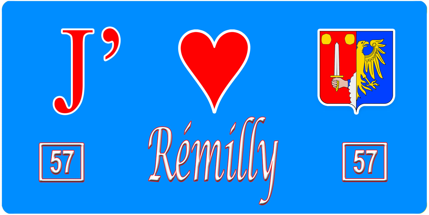 Plaque métal décorative, J'❤️ Rémilly  , Moselle, fond mur bleu 57