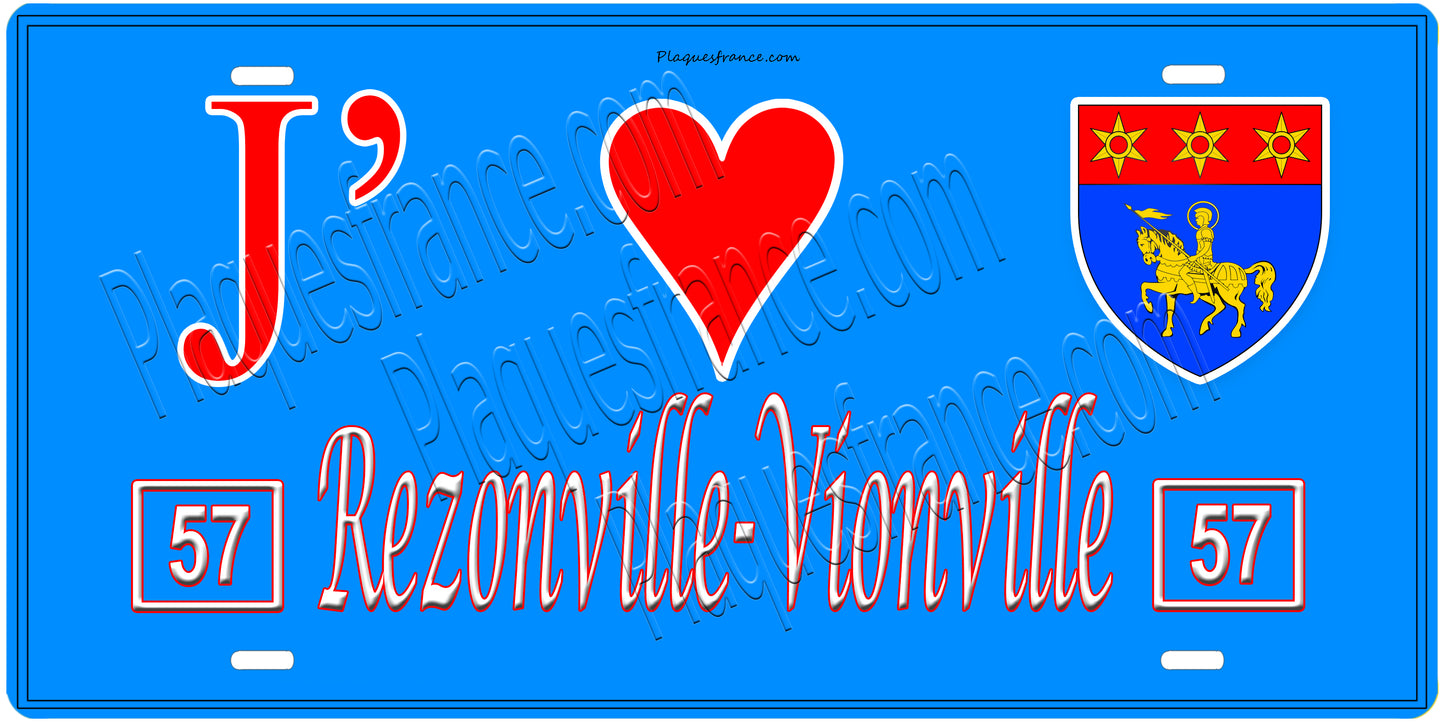 Plaque métal décorative, J'❤️ Rezonville-Vionville, Moselle, fond mur bleu 57