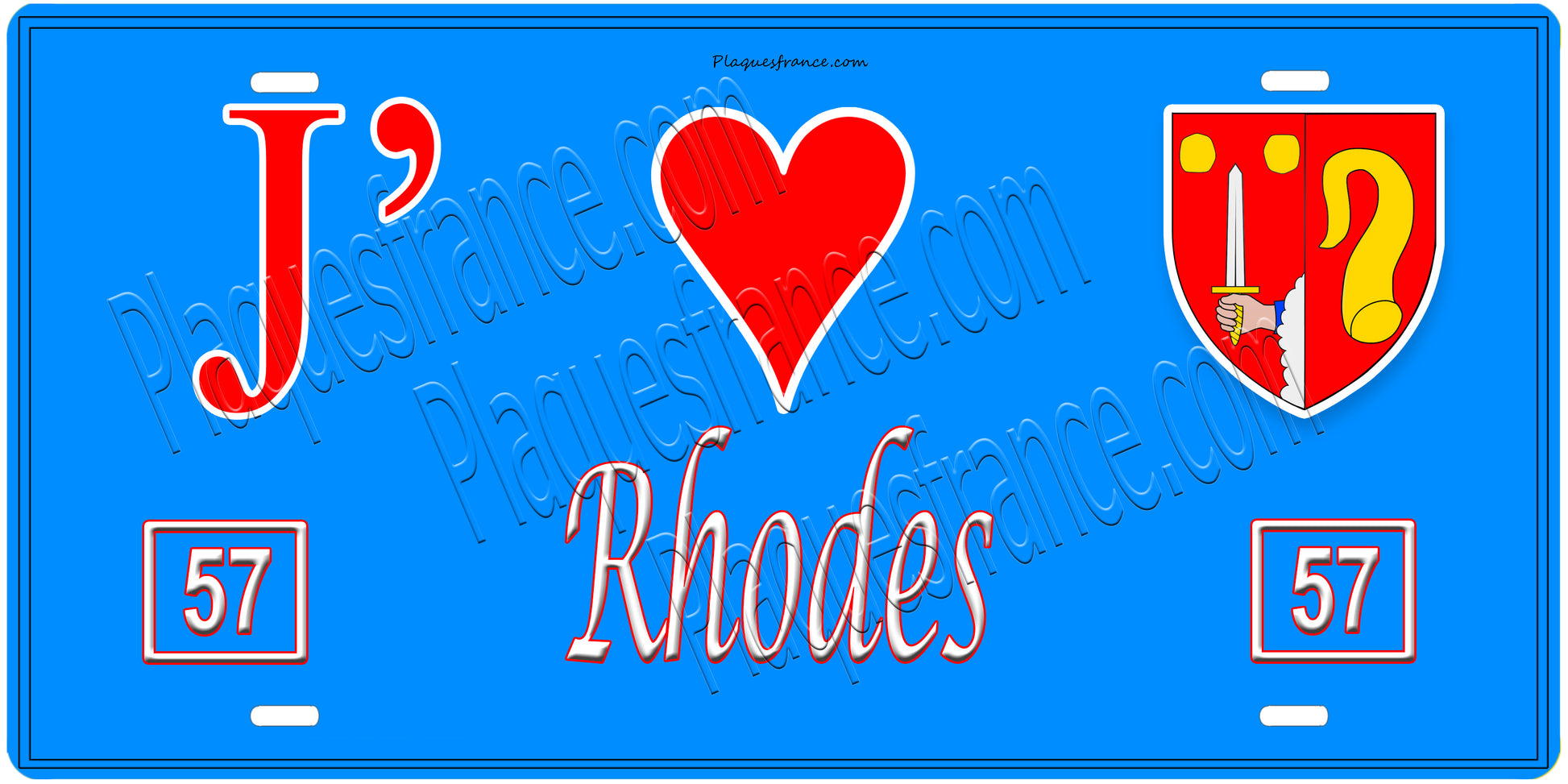 Plaque métal décorative, J'❤️Rhodes, Moselle, fond mur bleu 57