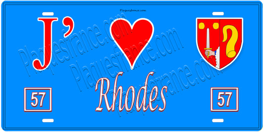 Plaque métal décorative, J'❤️Rhodes, Moselle, fond mur bleu 57