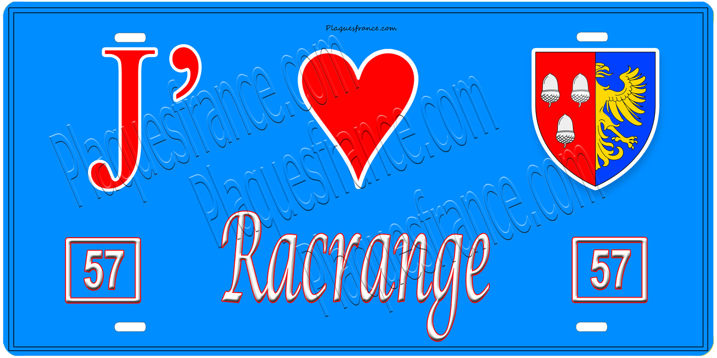 Plaque métal décorative, J'❤️Racrange, Moselle, fond mur bleu 57