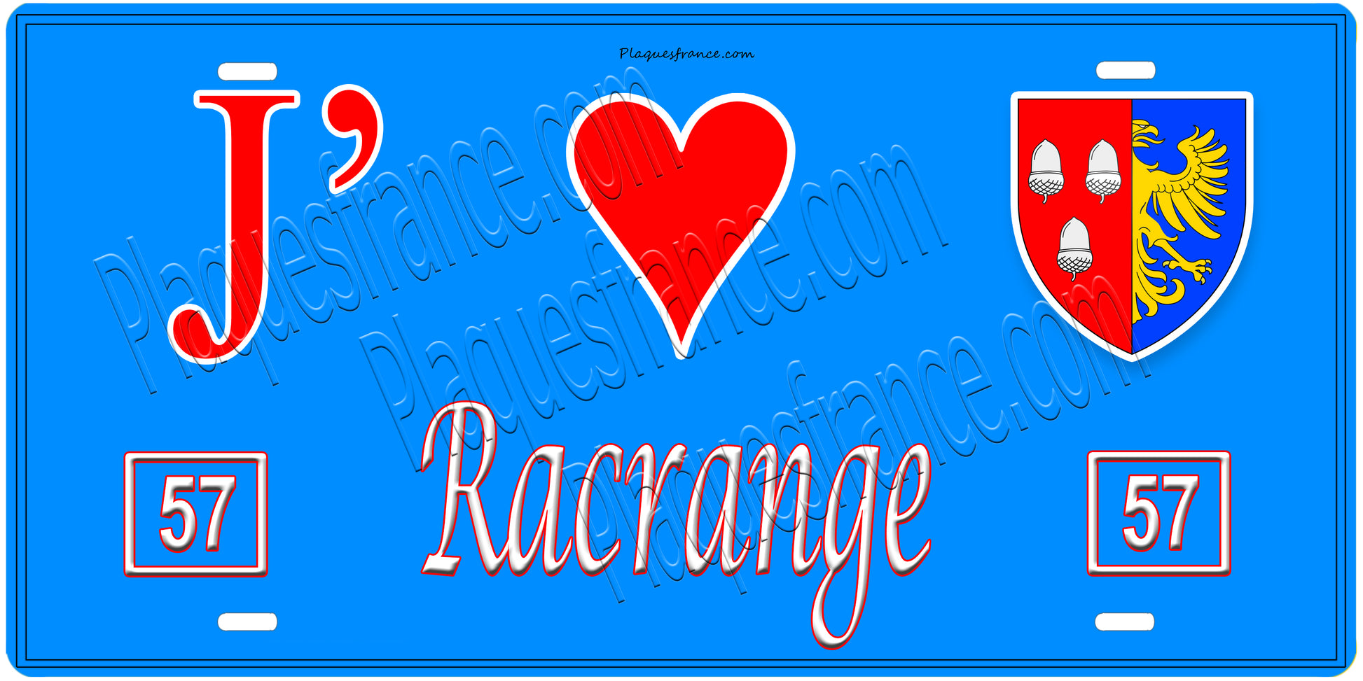 Plaque métal décorative, J'❤️Racrange, Moselle, fond mur bleu 57