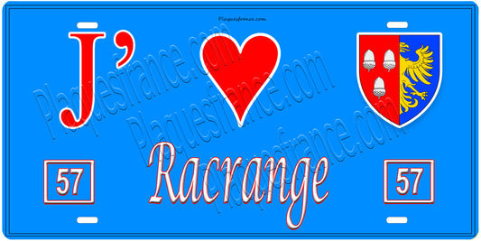 Plaque métal décorative, J'❤️Racrange, Moselle, fond mur bleu 57