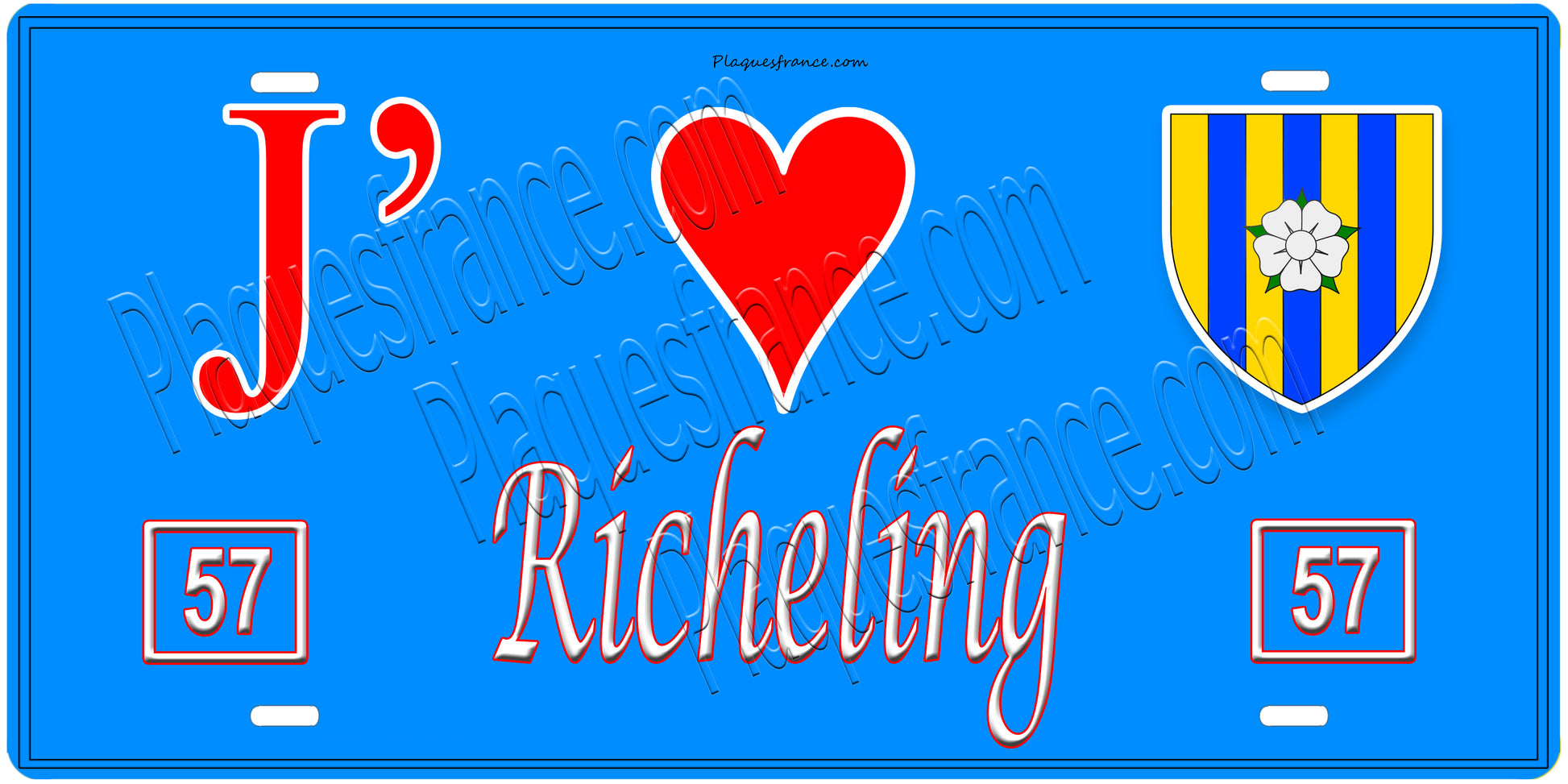 Plaque métal décorative, J'❤️Richeling, Moselle, fond mur bleu 57