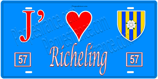 Plaque métal décorative, J'❤️Richeling, Moselle, fond mur bleu 57