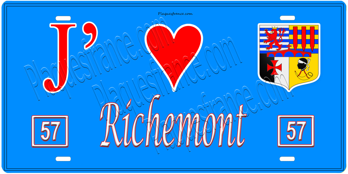 Plaque métal décorative, J'❤️ Richemont, Moselle, fond mur bleu 57