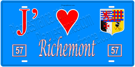 Plaque métal décorative, J'❤️ Richemont, Moselle, fond mur bleu 57