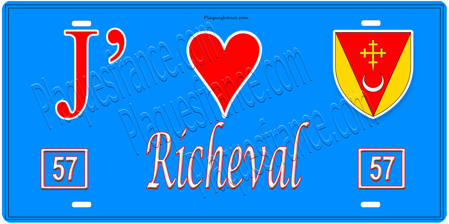 Plaque métal décorative, J'❤️Richeval, Moselle, fond mur bleu 57