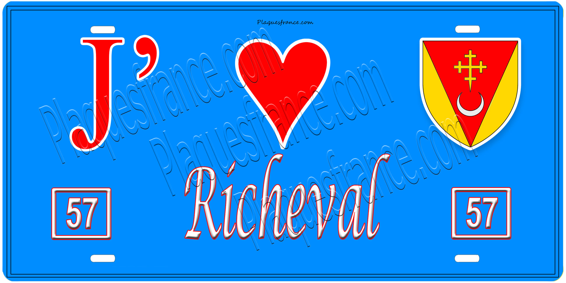 Plaque métal décorative, J'❤️Richeval, Moselle, fond mur bleu 57