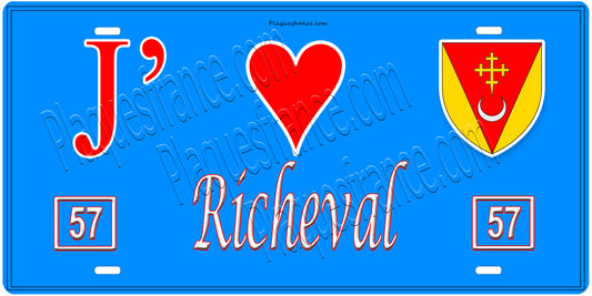 Plaque métal décorative, J'❤️Richeval, Moselle, fond mur bleu 57