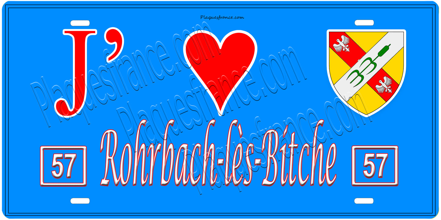 Plaque métal décorative, J'❤️ Rohrbach-lès-Bitche, Moselle, fond mur bleu 57