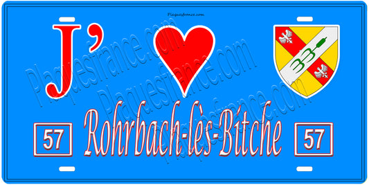 Plaque métal décorative, J'❤️ Rohrbach-lès-Bitche, Moselle, fond mur bleu 57