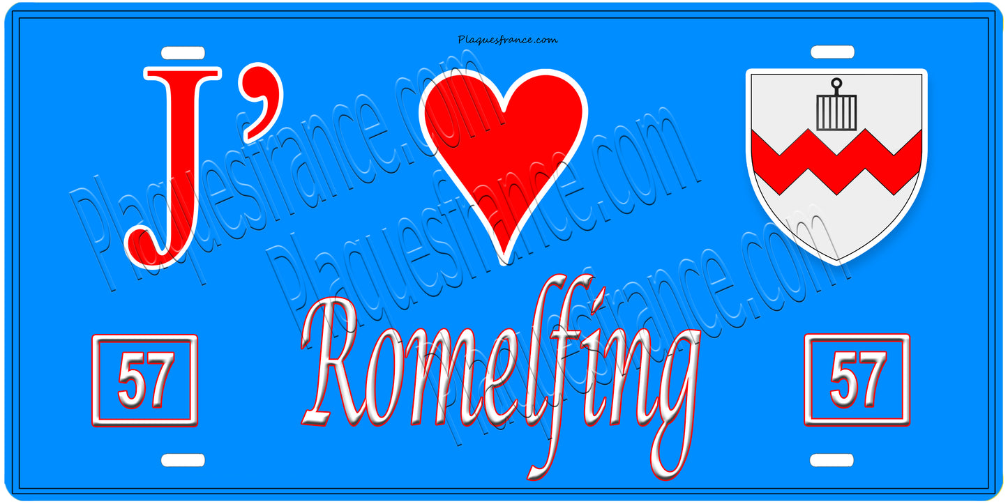 Plaque métal décorative, J'❤️Romelfing, Moselle, fond mur bleu 57