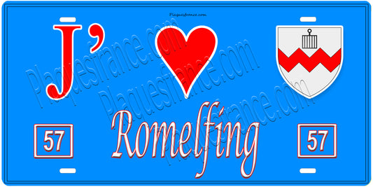 Plaque métal décorative, J'❤️Romelfing, Moselle, fond mur bleu 57