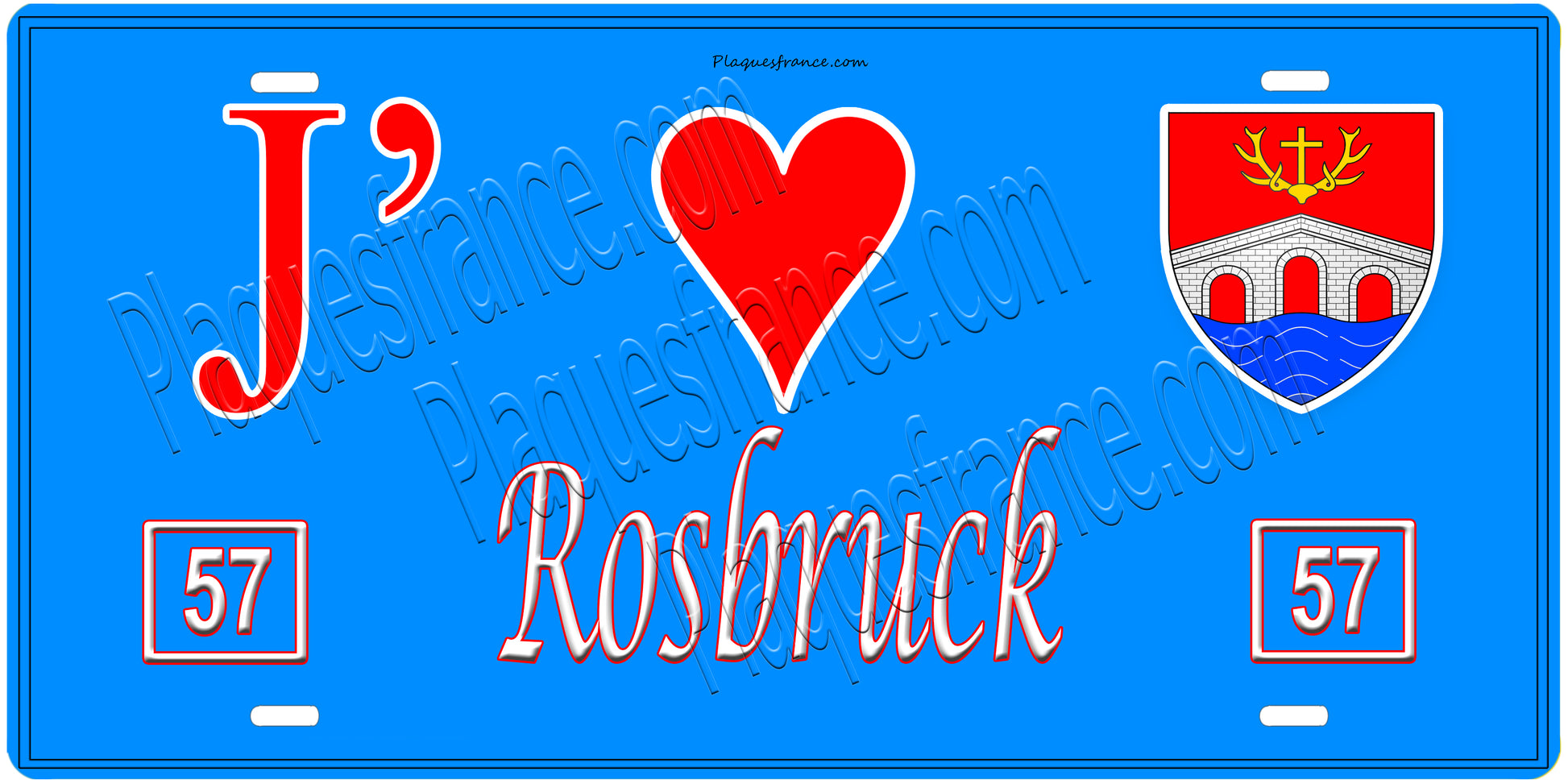 Plaque métal décorative, J'❤️ Rosbruck, Moselle, fond mur bleu 57