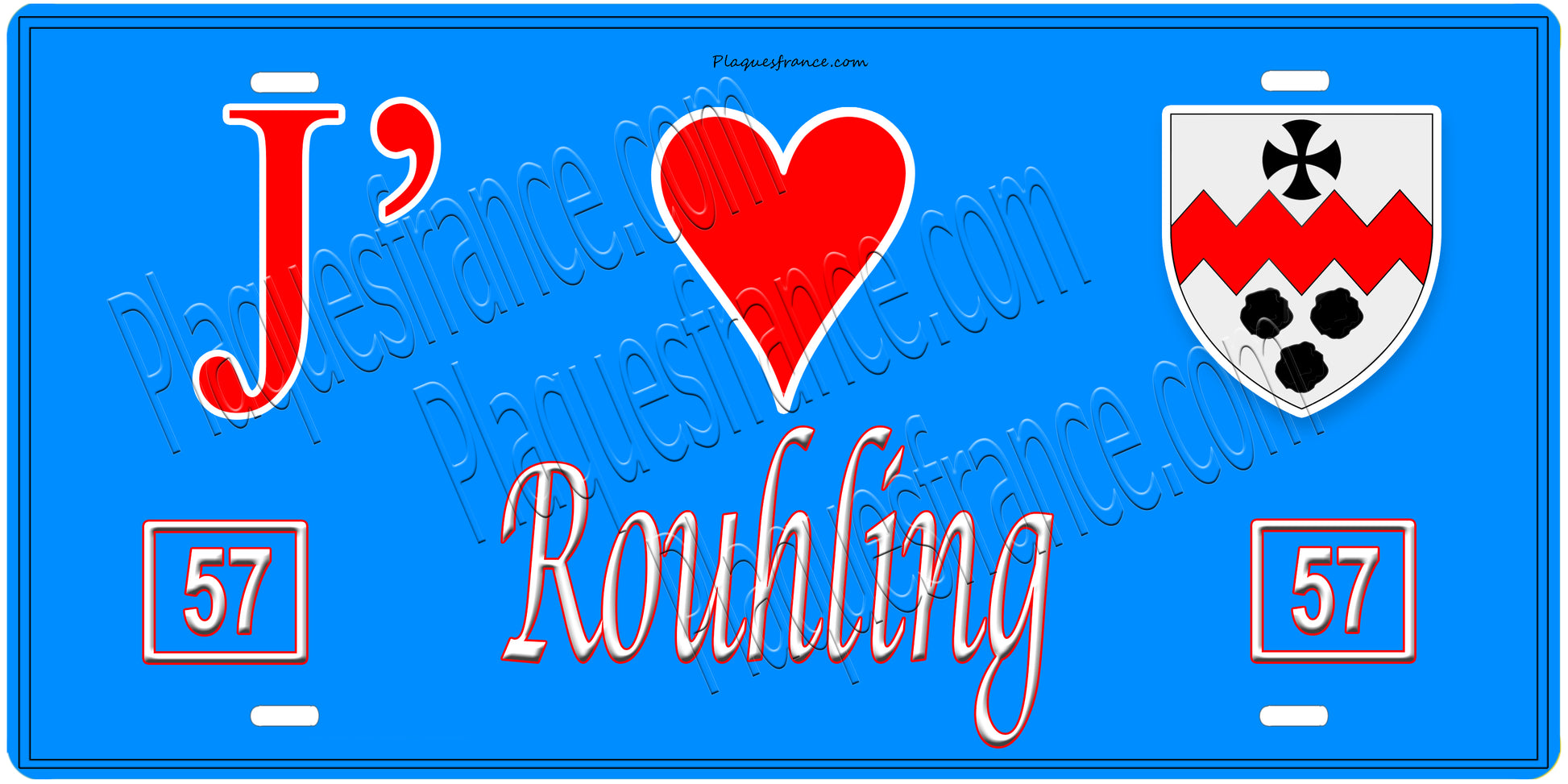 Plaque métal décorative, J'❤️Rouhling, Moselle, fond mur bleu 57