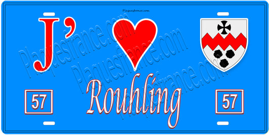 Plaque métal décorative, J'❤️Rouhling, Moselle, fond mur bleu 57