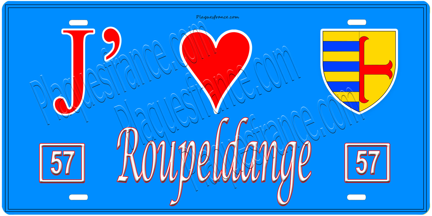 Plaque métal décorative, J'❤️ Roupeldange, Moselle, fond mur bleu 57