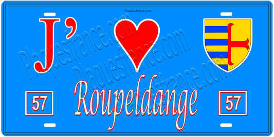 Plaque métal décorative, J'❤️ Roupeldange, Moselle, fond mur bleu 57