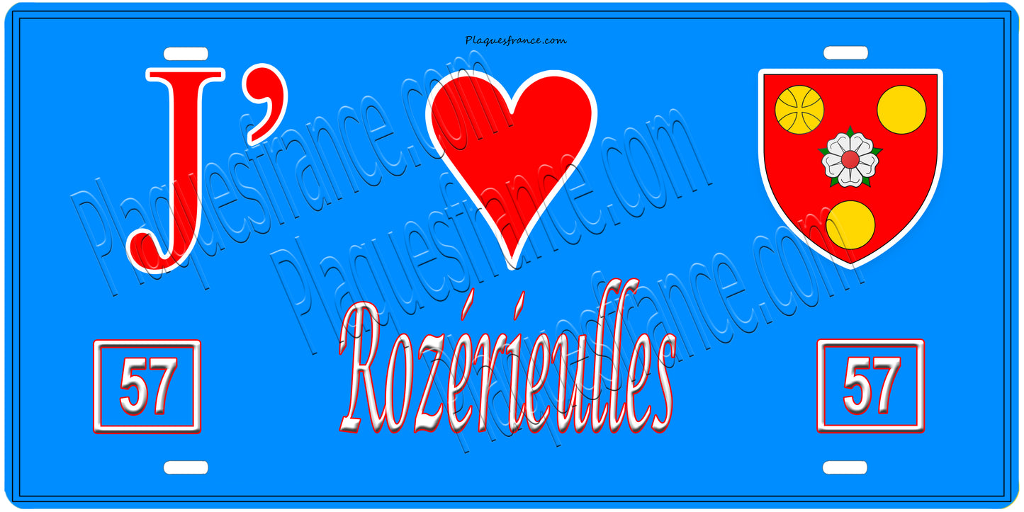 Plaque métal décorative, J'❤️ Rozérieulles, Moselle, fond mur bleu 57