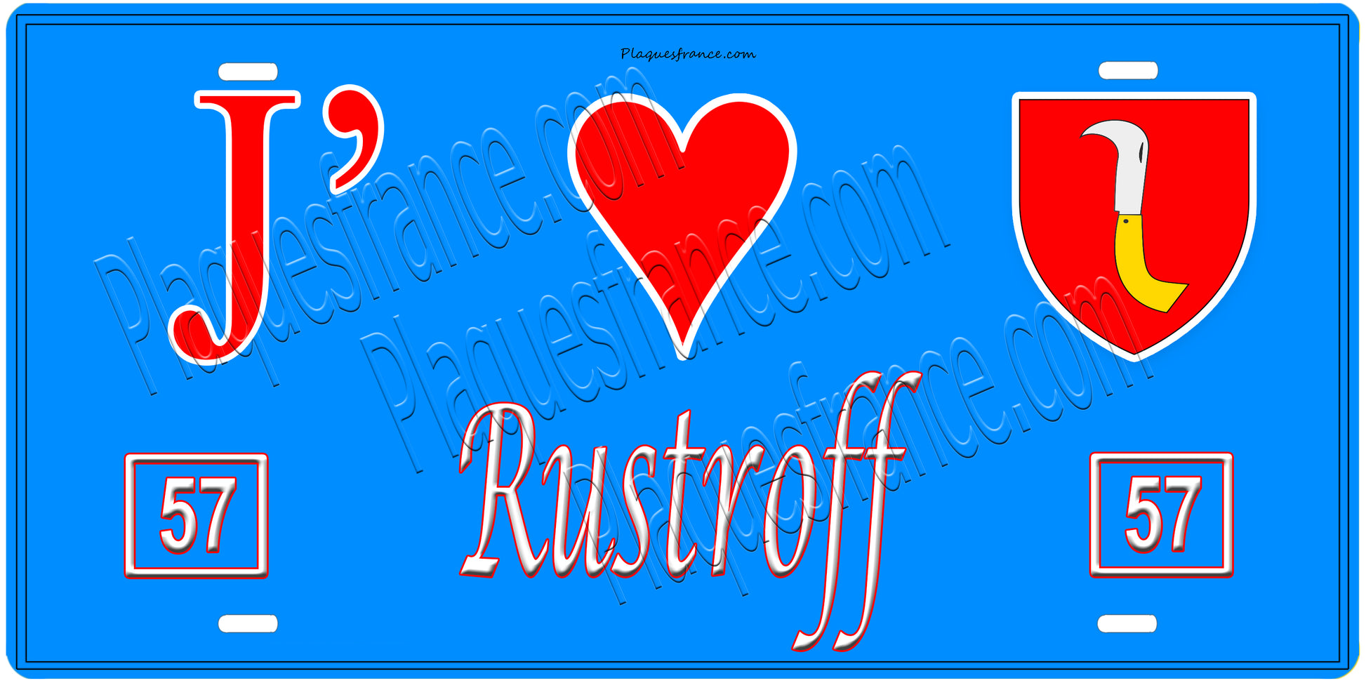 Plaque métal décorative, J'❤️ Rustroff, Moselle, fond mur bleu 57