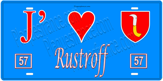 Plaque métal décorative, J'❤️ Rustroff, Moselle, fond mur bleu 57