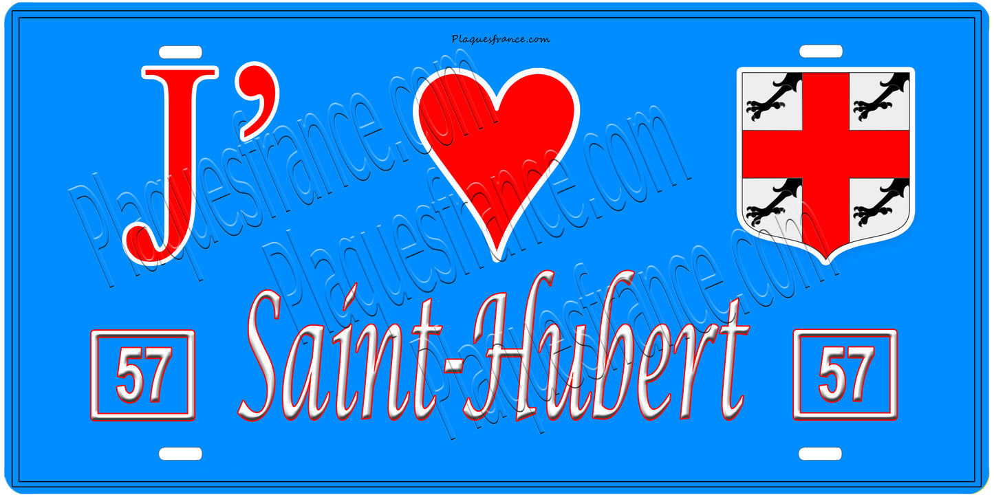 Plaque métal décorative, J'❤️Saint-Hubert, Moselle, fond mur bleu 57