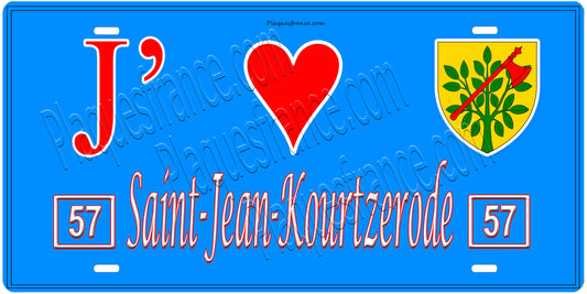 Plaque métal décorative, J'❤️Saint-Jean-Kourtzerode, Moselle, fond mur bleu 57