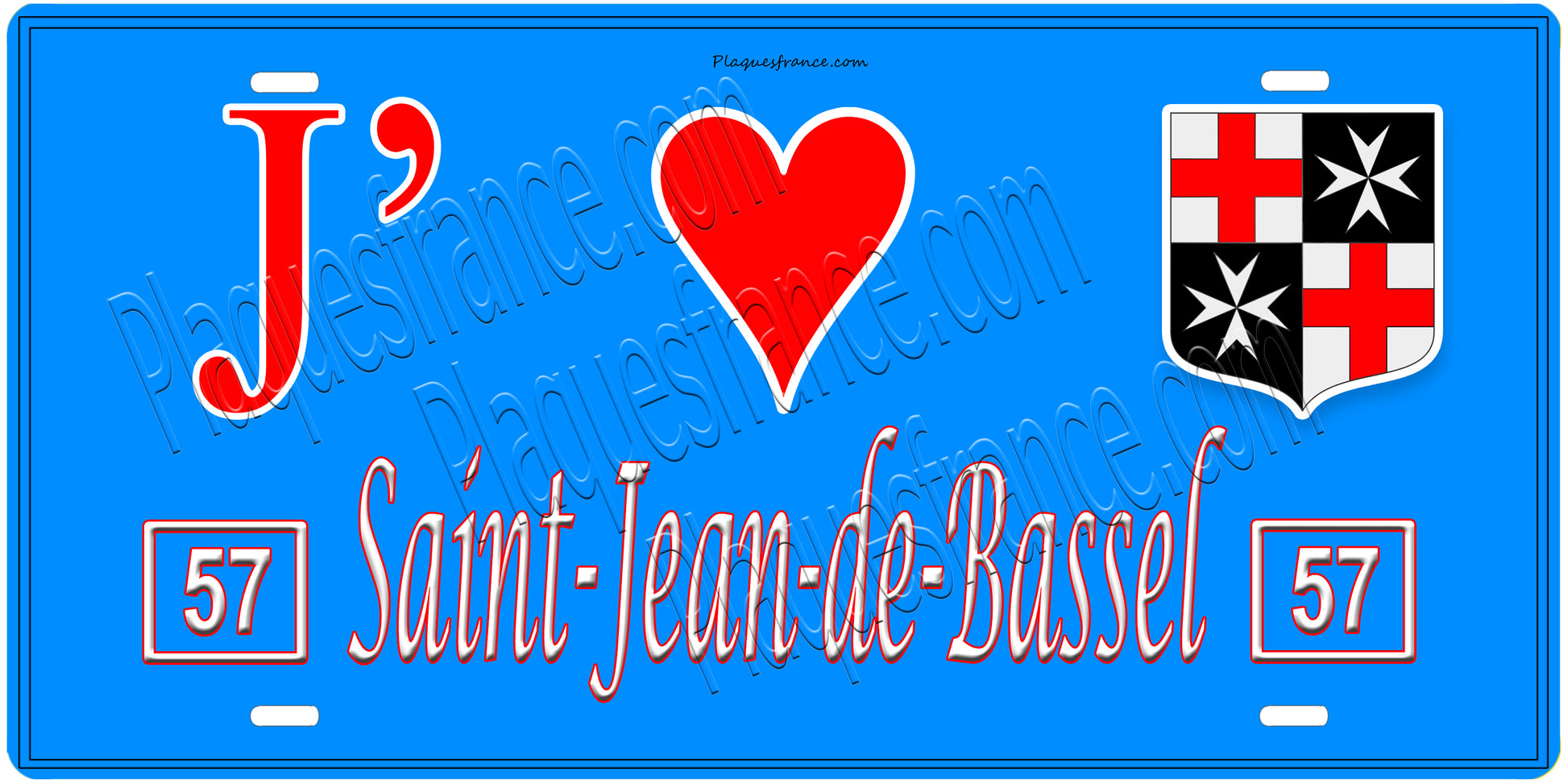 Plaque métal décorative, J'❤️Saint-Jean-de-Bassel, Moselle, fond mur bleu 57