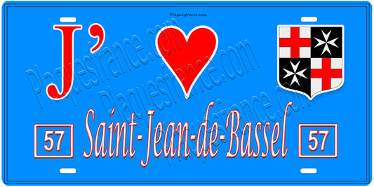 Plaque métal décorative, J'❤️Saint-Jean-de-Bassel, Moselle, fond mur bleu 57