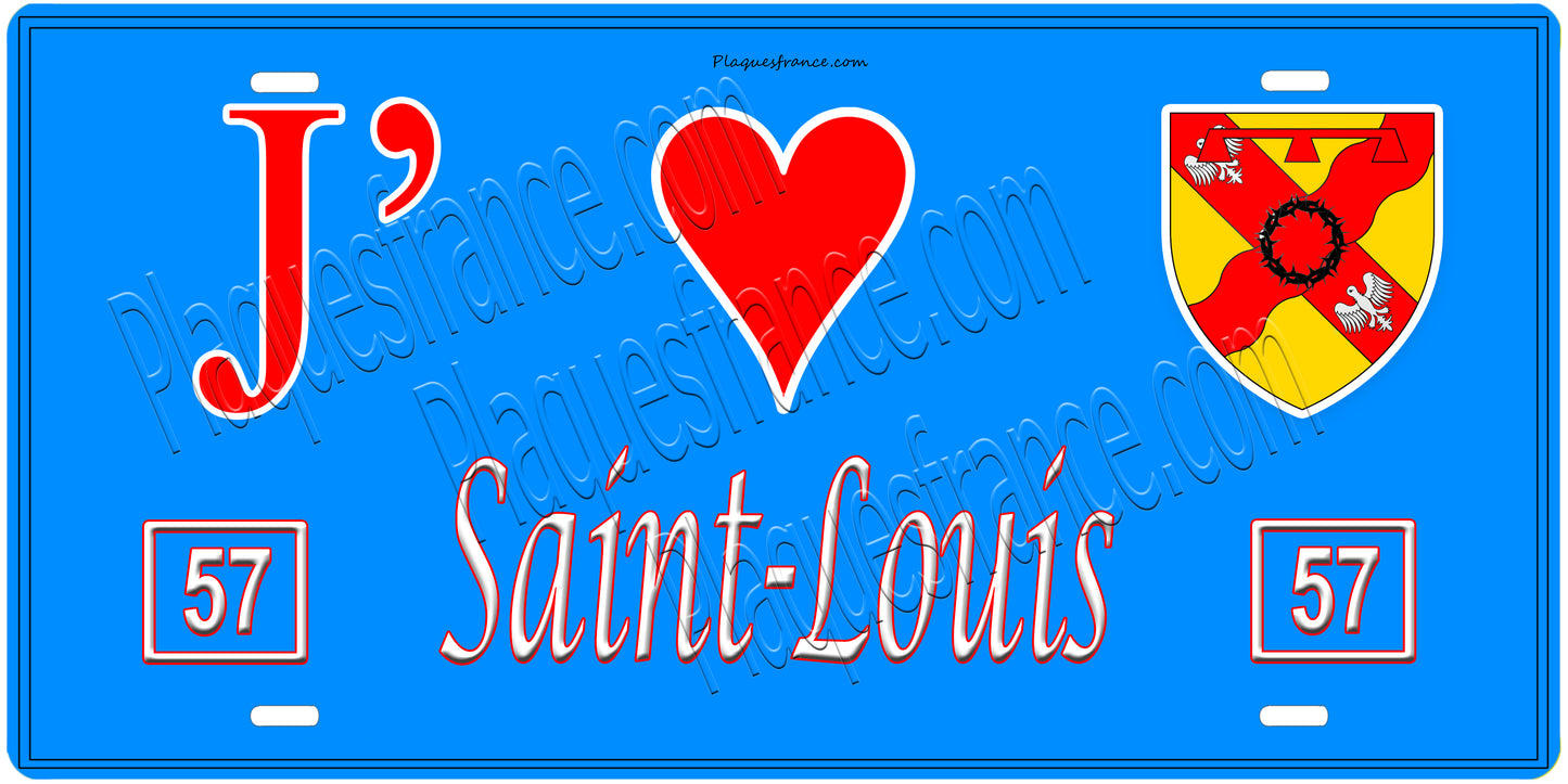Plaque métal décorative, J'❤️Saint-Louis, Moselle, fond mur bleu 57