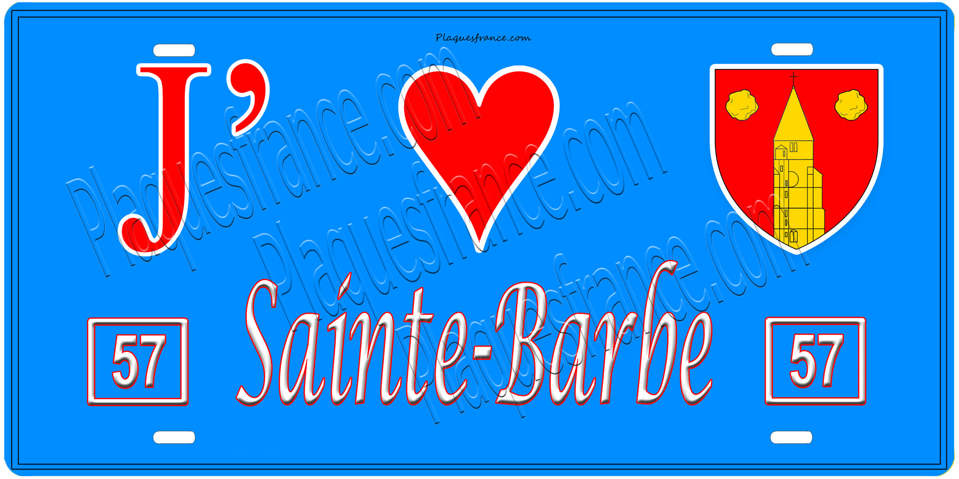 Plaque métal décorative, J'❤️Sainte-Barbe, Moselle, fond mur bleu 57