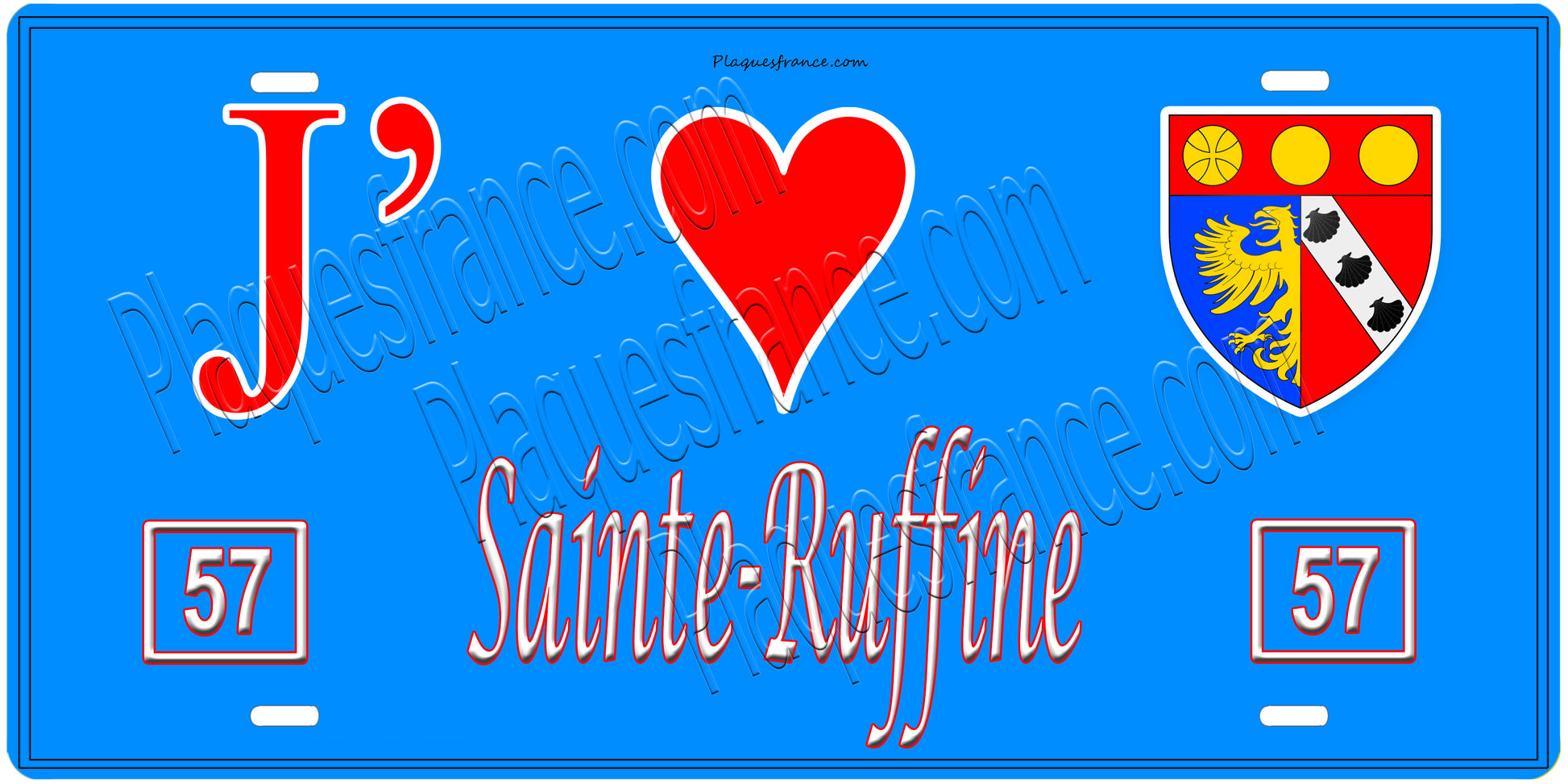Plaque métal décorative, J'❤️ Sainte-Ruffine, Moselle, fond mur bleu 57