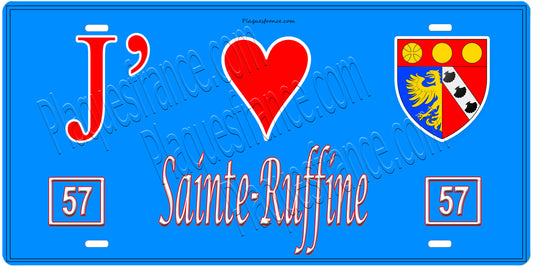 Plaque métal décorative, J'❤️ Sainte-Ruffine, Moselle, fond mur bleu 57