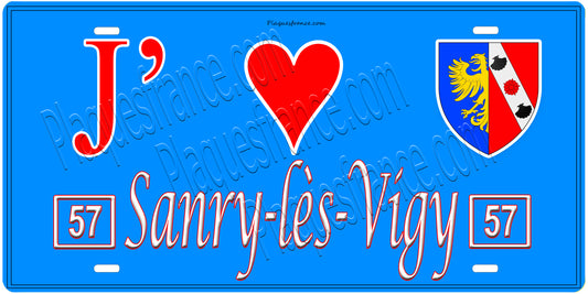 Plaque métal décorative, J'❤️Sanry-lès-Vigy, Moselle, fond mur bleu 57