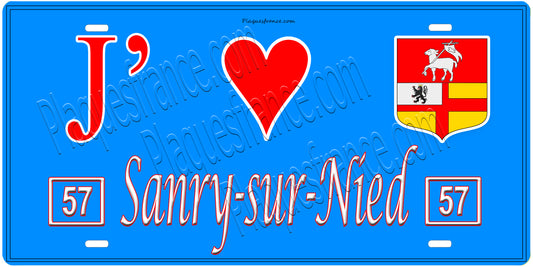 Plaque métal décorative, J'❤️Sanry-sur-Nied, Moselle, fond mur bleu 57