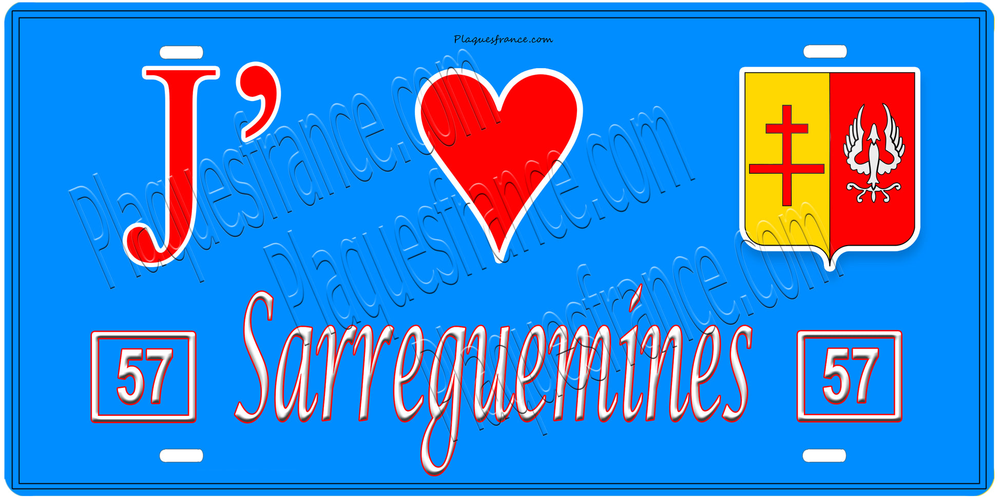 Plaque métal décorative, J'❤️Sarreguemines, Moselle, fond mur bleu 57