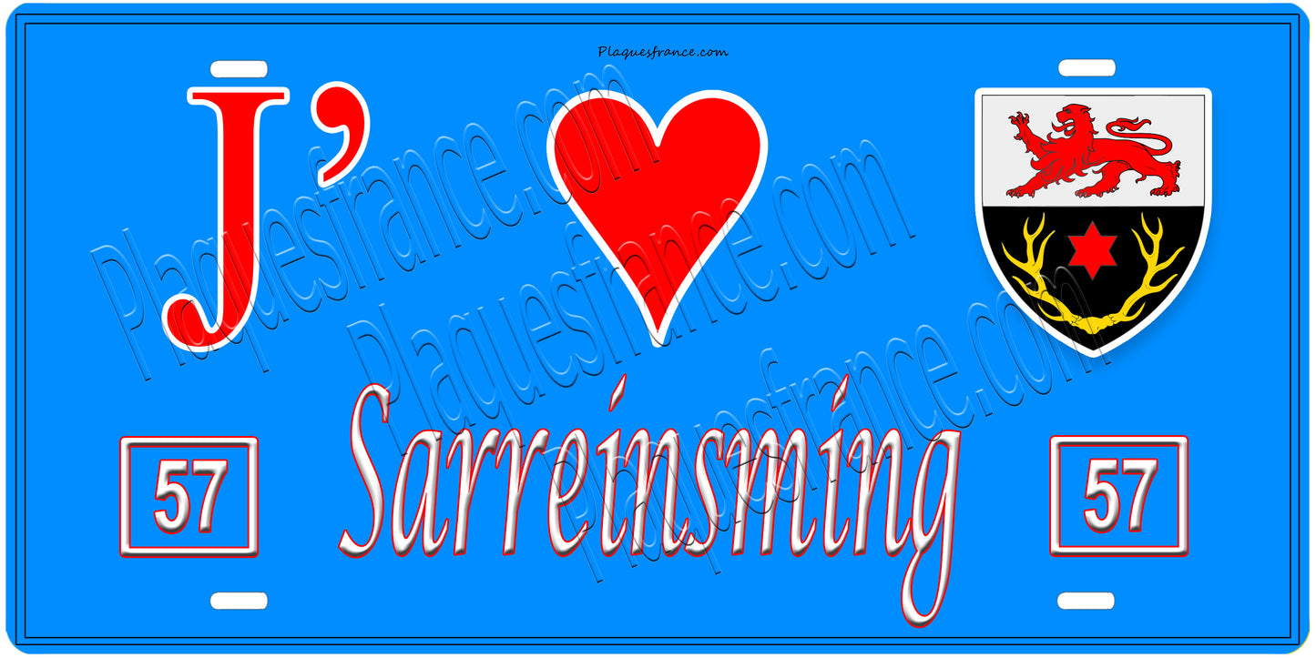 Plaque métal décorative, J'❤️Sarreinsming, Moselle, fond mur bleu 57