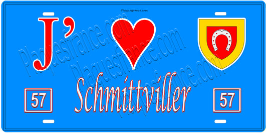Plaque métal décorative, J'❤️ Schmittviller, Moselle, fond mur bleu 57
