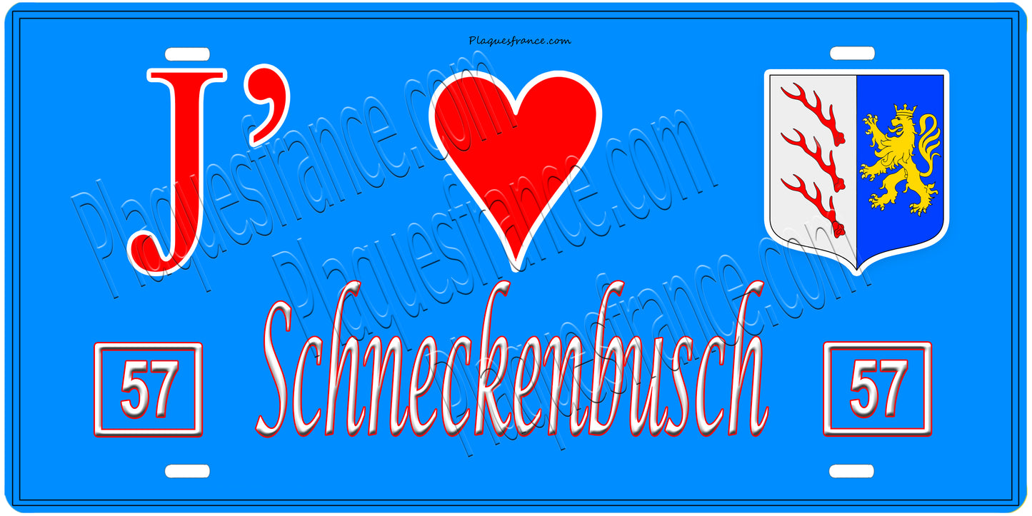 Plaque métal décorative, J'❤️Schneckenbusch, Moselle, fond mur bleu 57