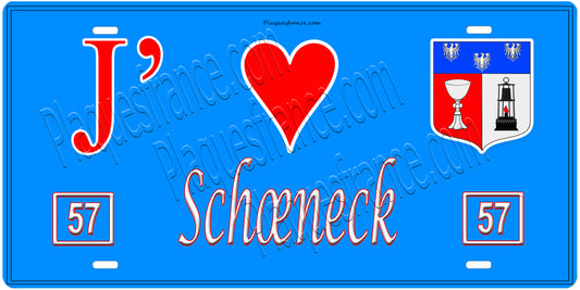 Plaque métal décorative, J'❤️ Schœneck, Moselle, fond mur bleu 57