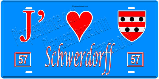 Plaque métal décorative, J'❤️ Schwerdorff, Moselle, fond mur bleu 57